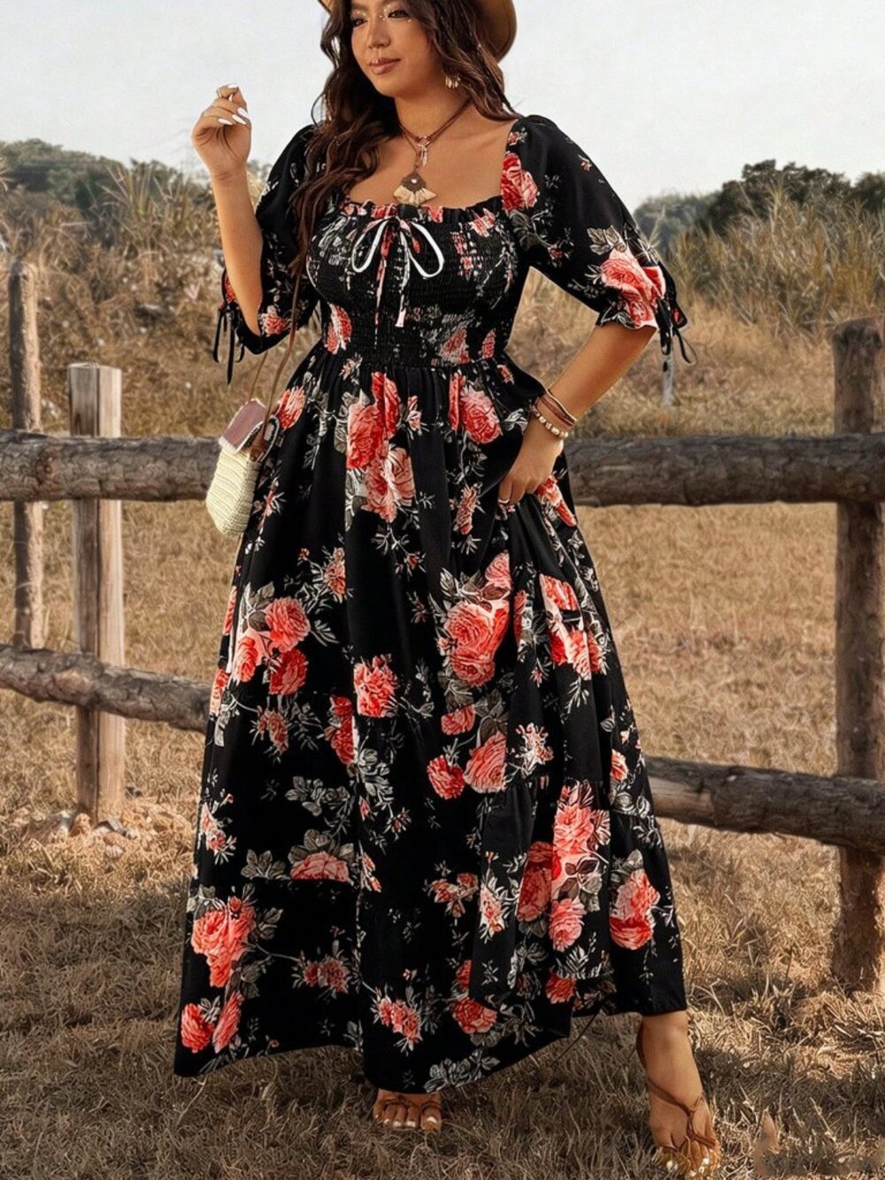 Black Boho Women's short Sleeve floral A-Line Maxi Dress - Picture 4 of 7